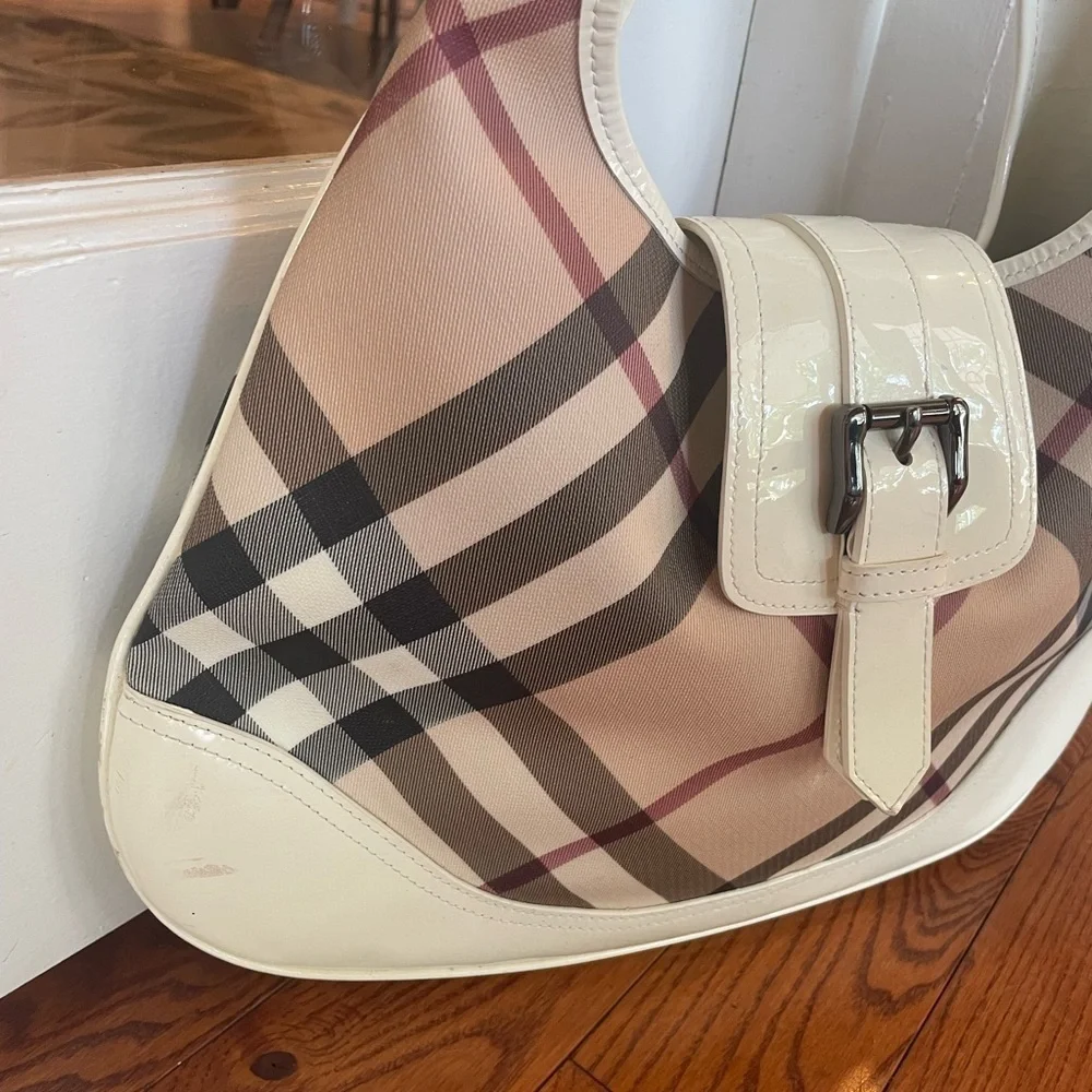 Burberry Cream and Tan Plaid Hobo Bag